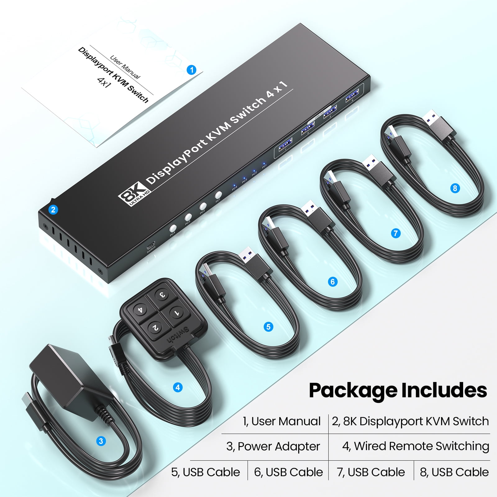 4 Port Displayport KVM Switch 1 Monitor 4 Computers, USB 3.0 8K60Hz 4K120Hz DP KVM Switch for Controlling 4 Computers with 1 Set of Keyboard and Mouse