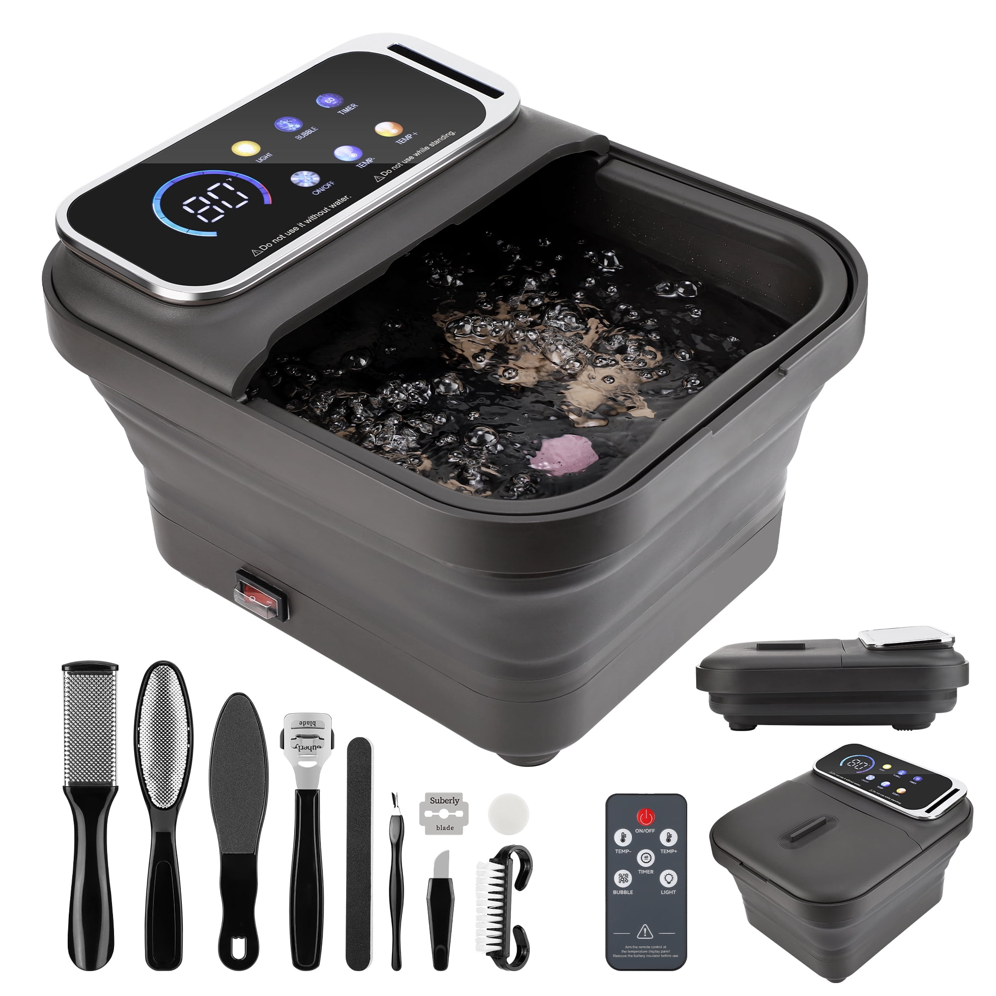 Collapsible Foot Spa Bath with Heat and Massage,Foot Bath Massager Tub with Foot Pedicure Kit,Bubble, Remote Control,Temperature Control,Black
