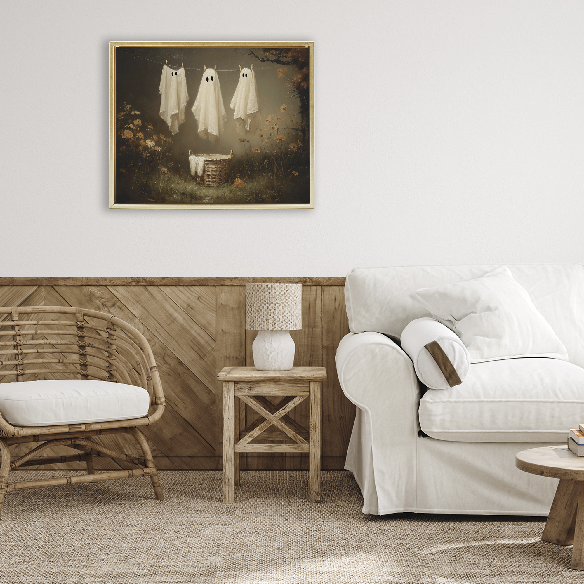 Three Laundry Ghosts Hanging Gold Framed Floater Canvas Wall Art, design by Arlington Prints
