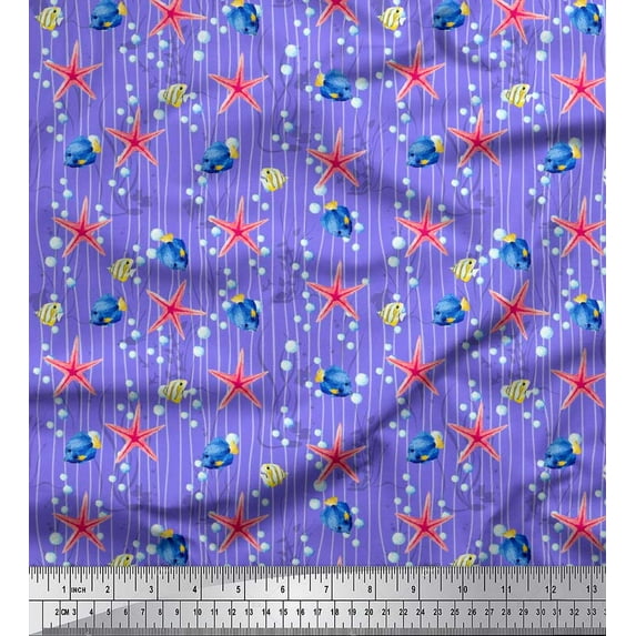 Soimoi Purple Silk Fabric Bubbles,Starfish & Tangfish Ocean Print Sewing Fabric Yard 42 Inch Wide