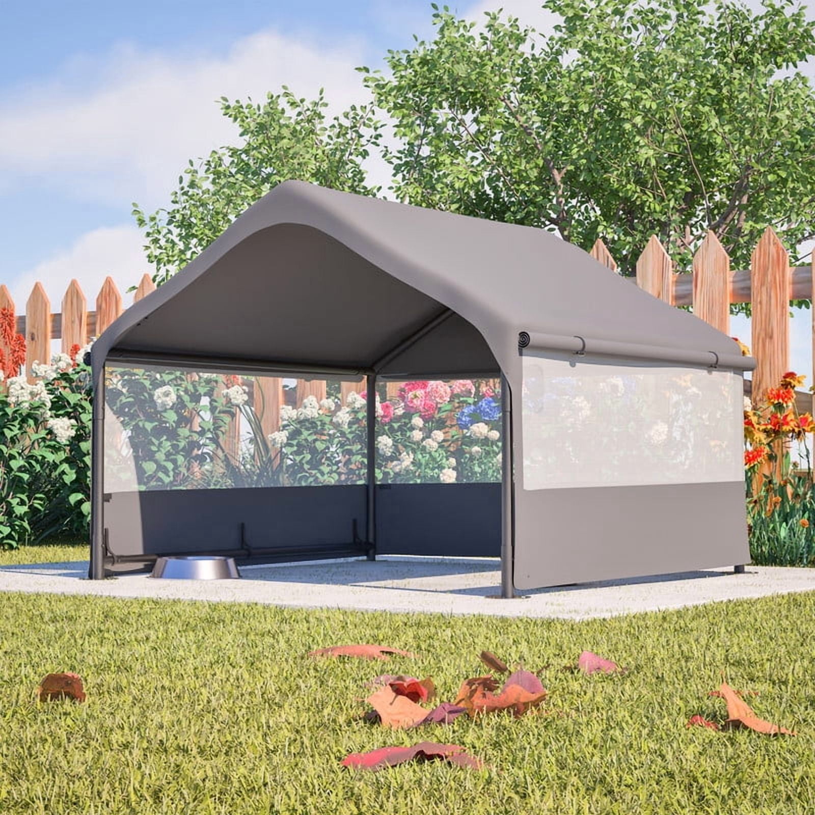 Qifang Outdoor Dog House Tent, 4x4ft Portable Pet Shelter with Mesh Windows, Waterproof Canopy, Steel Frame & Ground Stakes for Dogs Cats, Gray