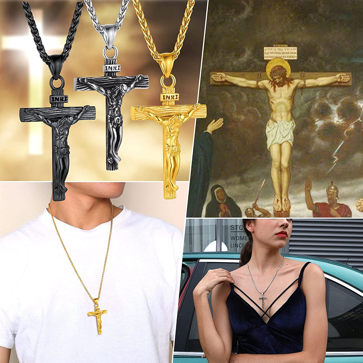 FindChic Men Cross Necklace Christian Crucifix Jewelry Stainless Steel Pendant Chain Jesus Christ Lord's Prayer Pendant with 22inch,Thanksgiving Day Gift Chain