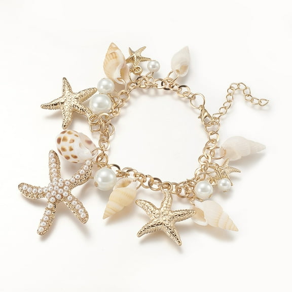 Trendy Shell Charm Bracelets CCB Plastic Alloy Rhinestone Starfish/Sea Stars and Glass Pearl Pendants with Iron Chains and Brass Lobster Claw Clasps Golden 230mm