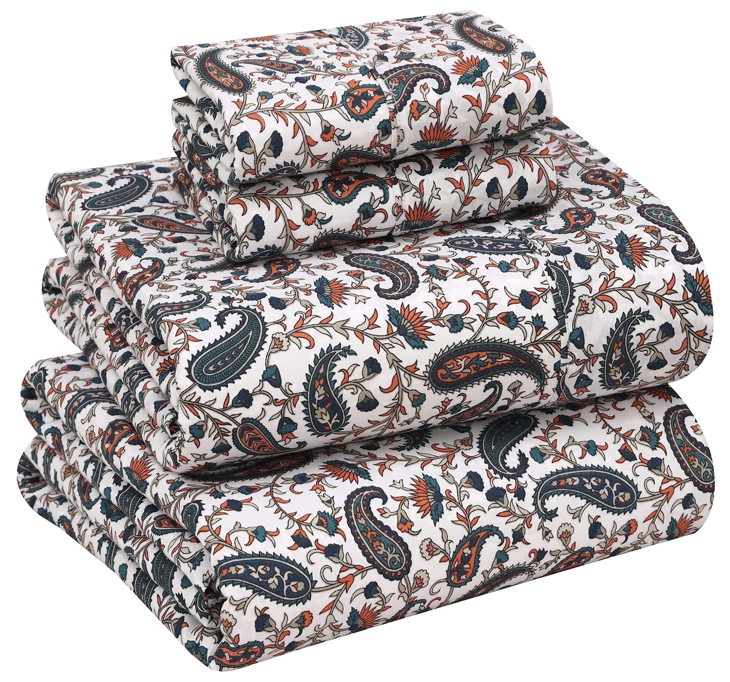 RUVANTI 100% Cotton Sheets โ Full Size Percale Bedding, Cooling & Breathable Floral Design, Durable with a Crisp, Soft & Comfortable Feel, 16" Deep Pocket, 4-Piece Set, Teal Paisley