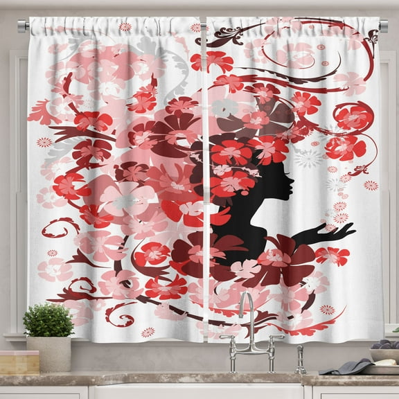 Ambesonne Femimine Kitchen Curtains, Flower Girl Long Hair, 55"x45", Black Pink and Red