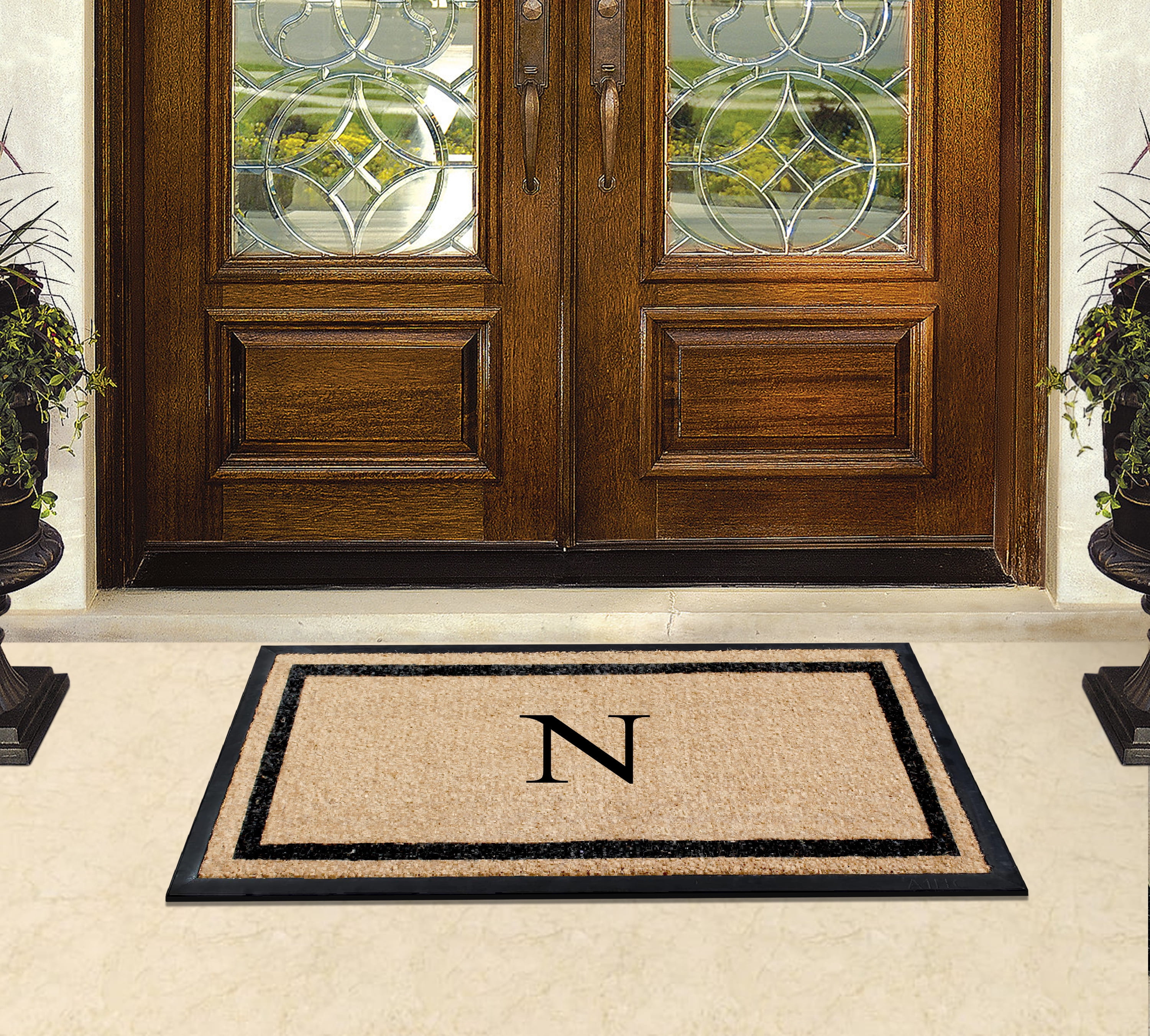 A1HC Rubber and Coir Door Mat Heavy Weight Large Entry Mat Outdoor Durable Monogrammed N Doormat 24"X48", Beige