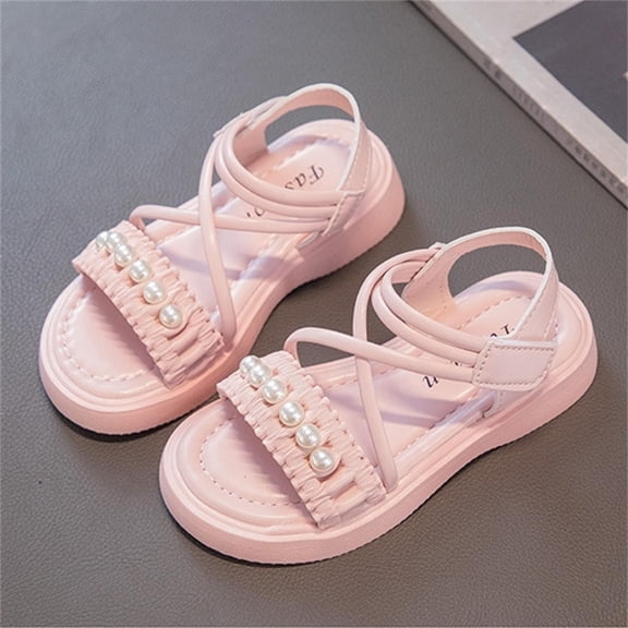 YMNXA Big Kids Girls Summer Sandals Non Slip Solid Color Open Toe Pearl Design Flat Bottomed Comfortable Breathable Shoes For Casual Daily Wear,Pink,4-4.5 Years