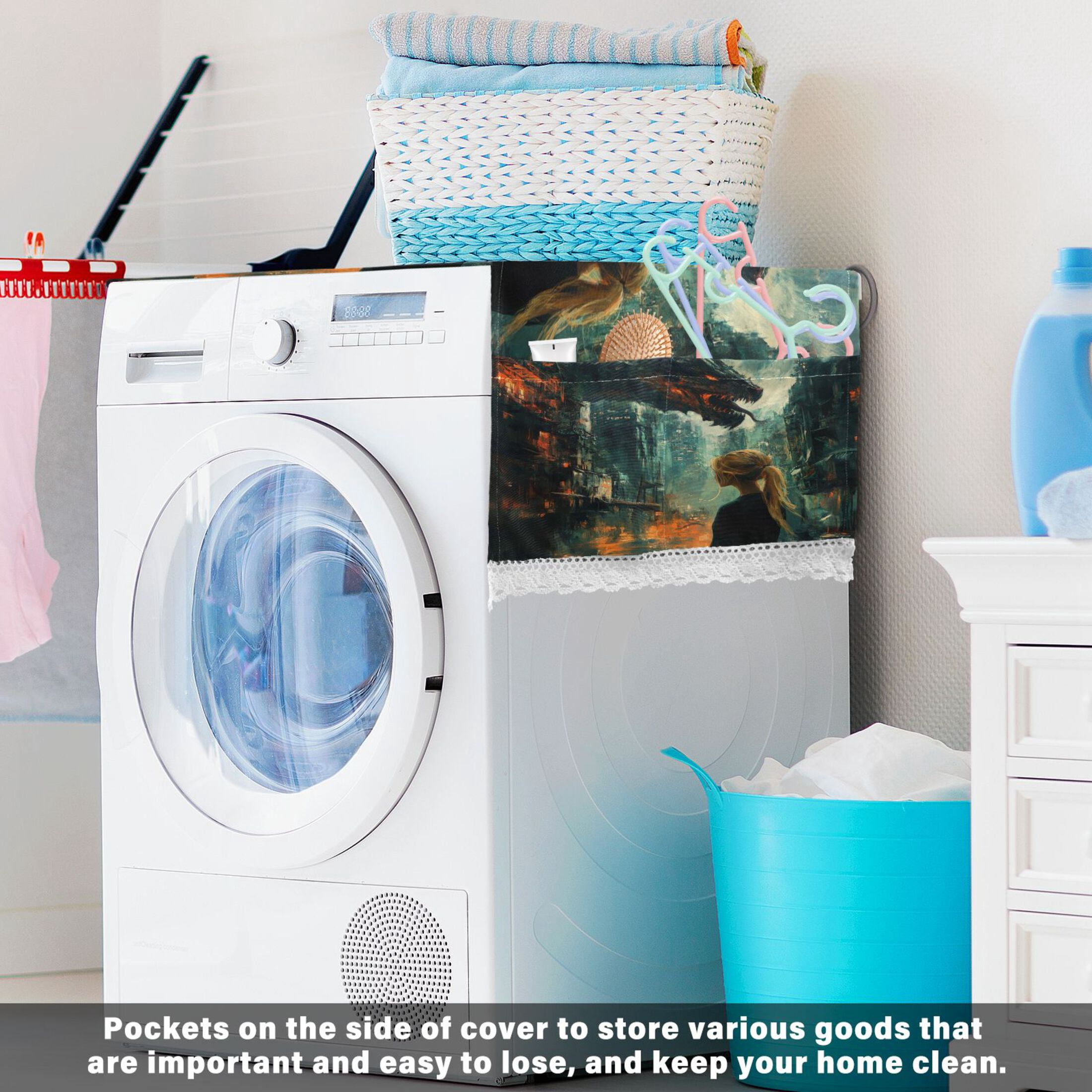 Black DragonWasher and Dryer Covers Dust-Proof and Oil Resistant Fridge Cover with 4 Storage Pockets Washing Machine Top Cover for Laundry Kitchen Home 51.2 x 22 In