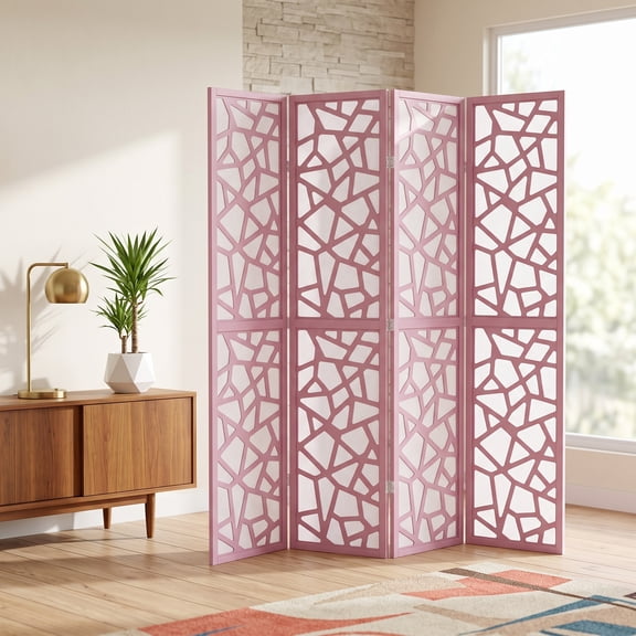 Roundhill Furniture Aurra 4-Panel Wood Room Divider, Folding Portable Partition Screen, Pink