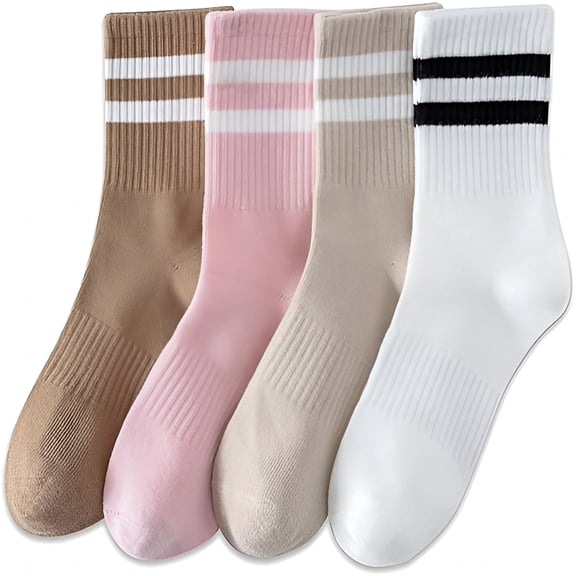 TELOLY Womens Striped Crew Socks,Cotton Cozy Casual Socks for Women 4 Pairs,Size 5-10