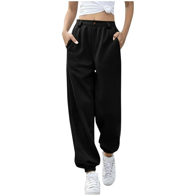 Enjoytime Women's Pants Solid Color High Waisted Button Trousers Loose Travel Workout Sweatpants with Pockets Black L