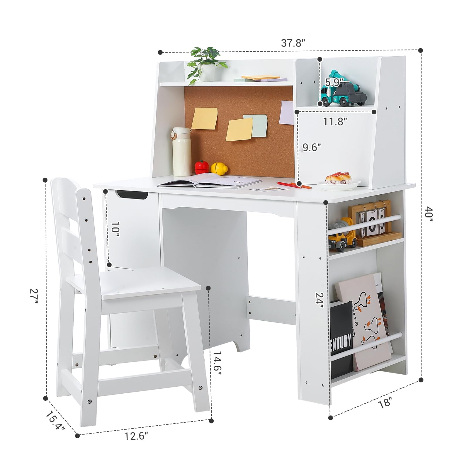 TROPOW Kids Study Desk and Chair Set with Storage - White Learning Table with Bookshelf and Cabinets for Boys and Girls Ages 3-8