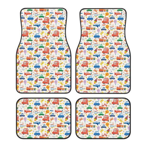 Fotbe Cartoon Transportation Juego de 4 Tapetes para Auto con Estampado – Alfombrillas de Goma Reforzada, Diseño Antideslizante, Protección para Todo el Año – Vehículos, Autos, Camionetas y SUVs