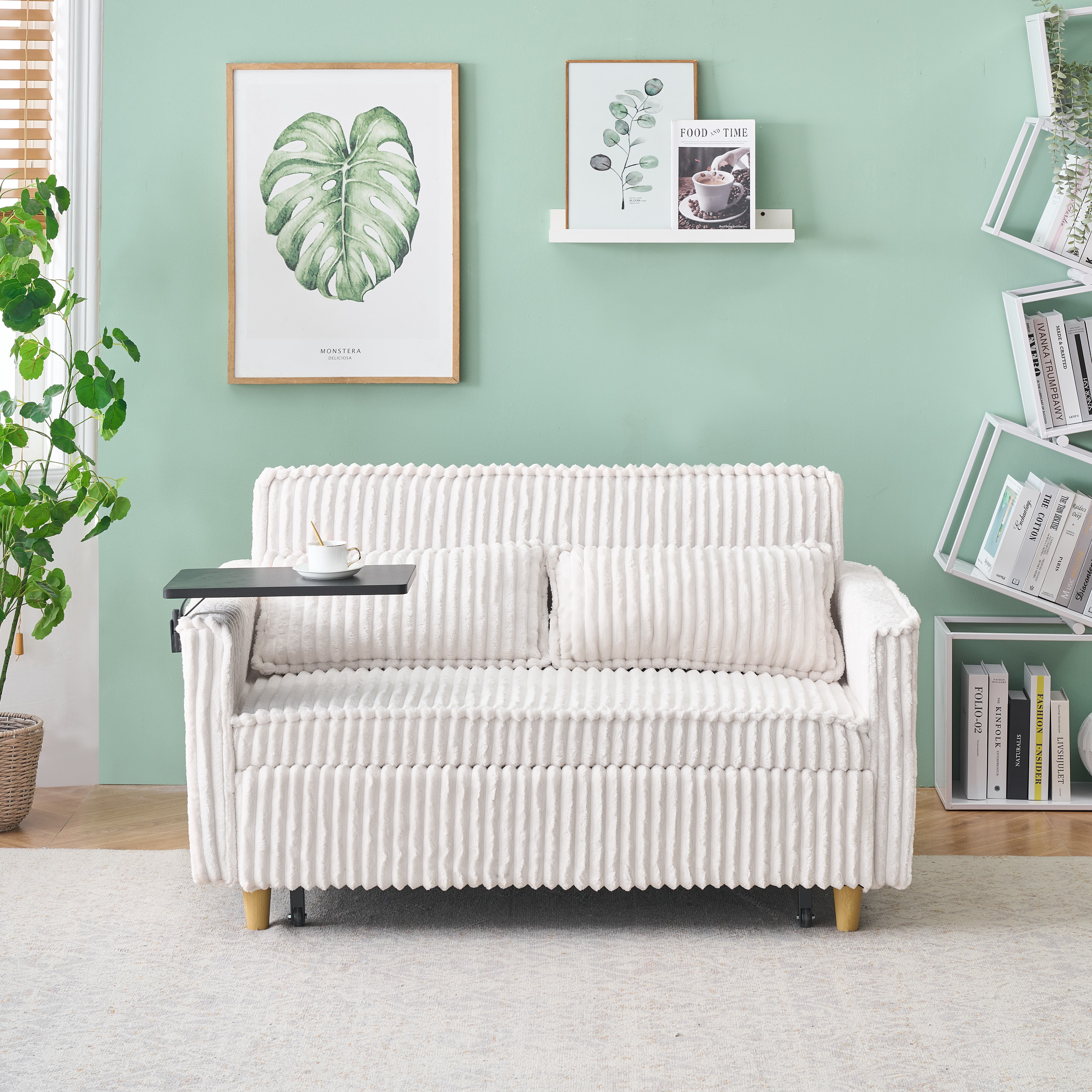 MAYEERTY 54" Pull Out Corduroy Sofa Bed with a Movable Tabletop and USB Ports, Loveseat Sleeper for Apartment, Living Room, Small Space, Beige