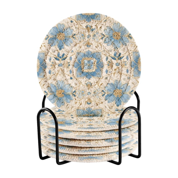 6 Pcs Drink Coasters with Holder 3.94in Woven Coasters for Drinks Elegant and Timeless Blue Flower Coaster Set for Protection Table