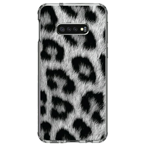 DistinctInk Clear Shockproof Hybrid Case for Samsung Galaxy S10e (5.8" Screen) - TPU Bumper, Acrylic Back, Tempered Glass Screen Protector - Black White Snow Leopard Fur Print