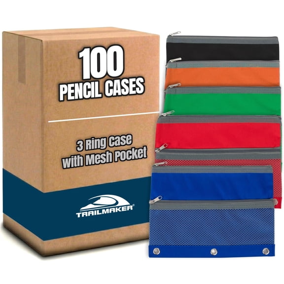 Trailmaker 3-Ring Binder Pencil Cases With Mesh Pockets, 7" x 9-13/16", Assorted Colors, Pack Of 100 Cases