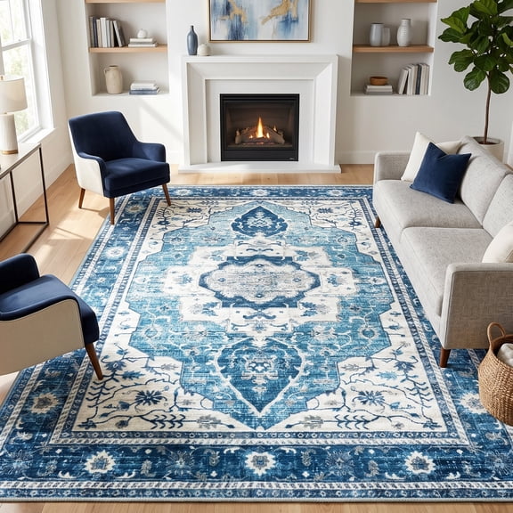 WANLISELL 8'x10' Washable Area Rugs, Large Living Room Bedroom Rug, Soft Boho Vintage Carpets for Dining Room Home Office Indoor Floor, Non-Slip & Low-Pile, Blue