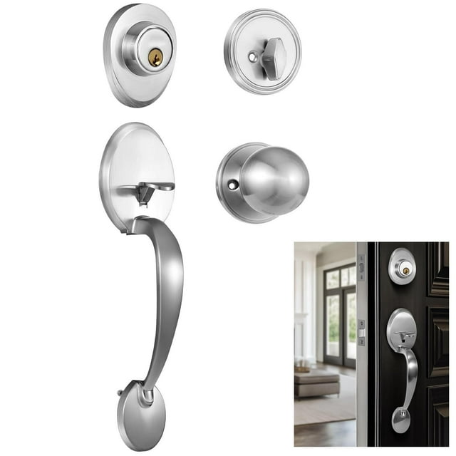 Cerradura Residencial con llave,Juego de cerradura puerta principal con Jaladera-Gatillo y Perilla,Cerrojo cilindro-mariposa de Latón,chapa para puerta exterior con Manija de Puerta