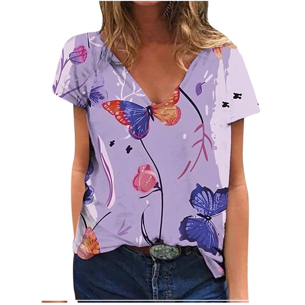 Blusas de Manga Corta para las Mujeres Causal Cuello en V Camiseta Sólida, Blusas de Verano de las Mujeres para el Hogar Y Diario