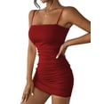 thumbnail image 2 of Women's Sleeveless Ruched Spaghetti Strap Bodycon Mini Dress Wine Red L, 2 of 8