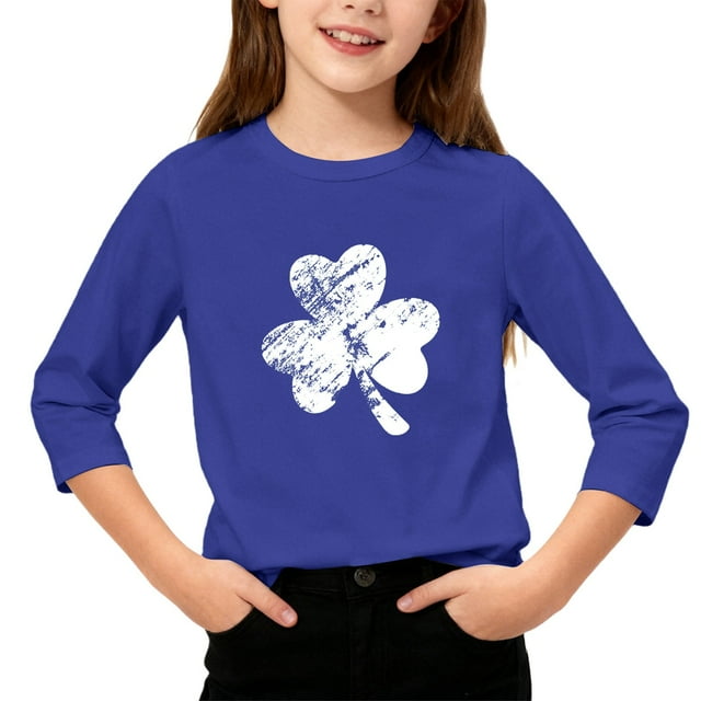 T-Shirt Fille Fête de la Saint-Patrick, Mignon T-Shirt Graphique à Manches 3/4 Col Rond avec Imprimé Irlandais, Hauts Décontractés Printemps Été pour Vacances, Fête d'Anniversaire et Usage Quotidien Bleu 130