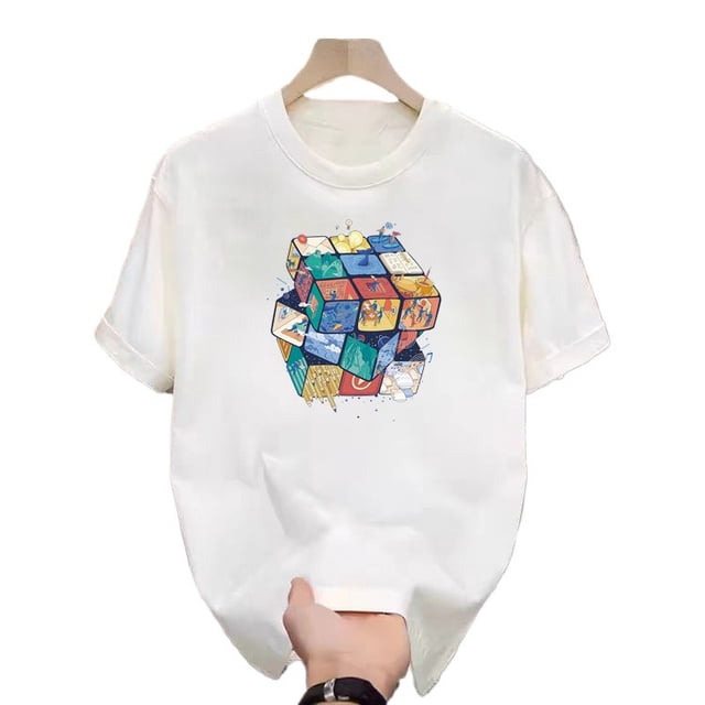 T-Shirt Décontracté d'Été Blanc Imprimé Hommes Femmes Extérieur Respirant Coton Chemise Ronde