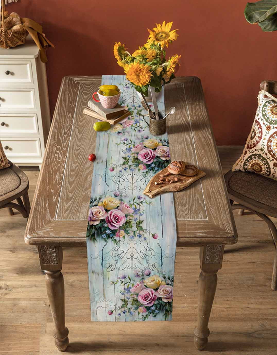Hokiten Table Runners 120 Inches Long Dress Scarves, Spring Rose Farmhouse Coffee/Dining/Kitchen Table Runner for Living Room, Floral Leaves Botanical Rustic Wood Board 13x120 Inch
