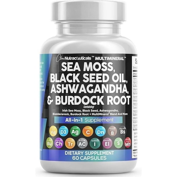 Sea Moss, Black Seed Oil , Ashwagandha, Turmeric, Bladderwrack, Burdock, & Vitamin C & D3 with Elderberry Manuka Dandelion Yellow Dock Iodine Chlorophyll ACV