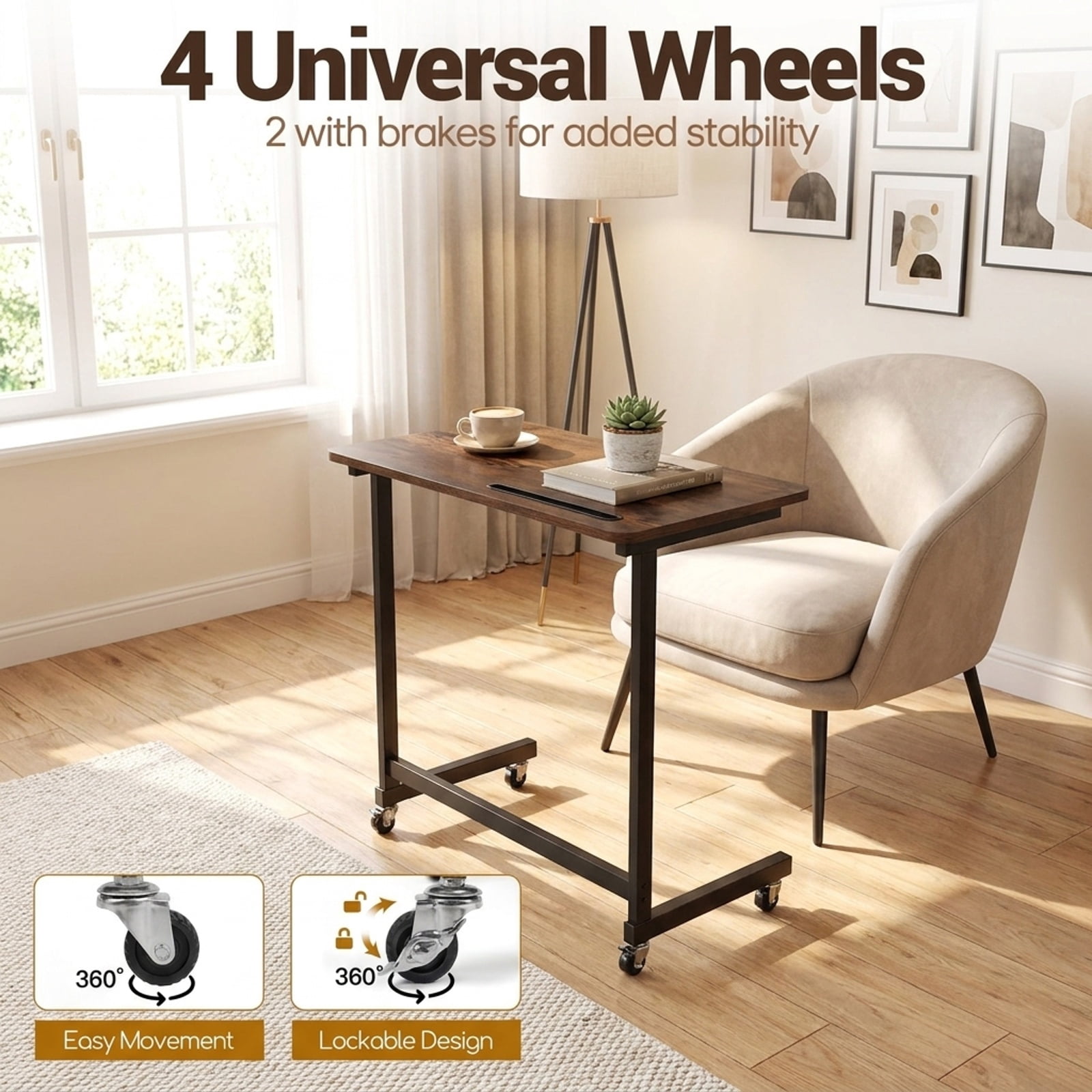 Furnibear Mobile Side Table and Rolling Laptop Desk Cart with Tablet Slot Locking Wheels and Metal Frame for Living Room and Bedroom, Rustic Brown