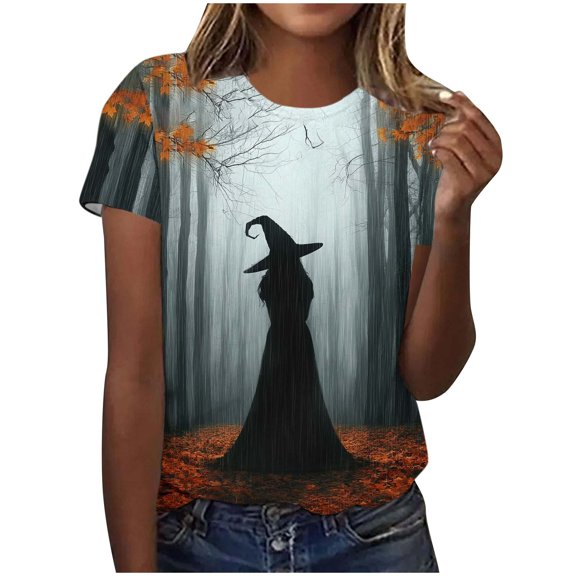 Witch Funny Graphic Tees for Women Round Neck Short Sleeve Loose Fall Tops Fall Shirts Multicolor M