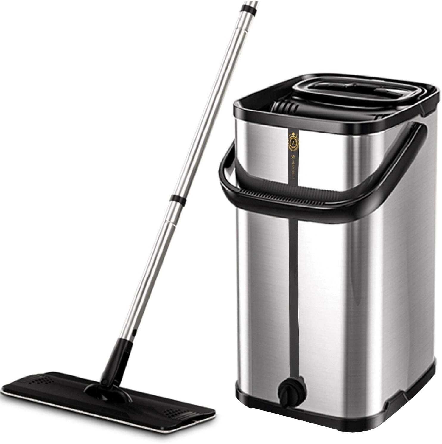 Squeeze Flat Floor Mop and Bucket Set, Stainless Steel Bucket and Handle, 2 Washable & Reusable