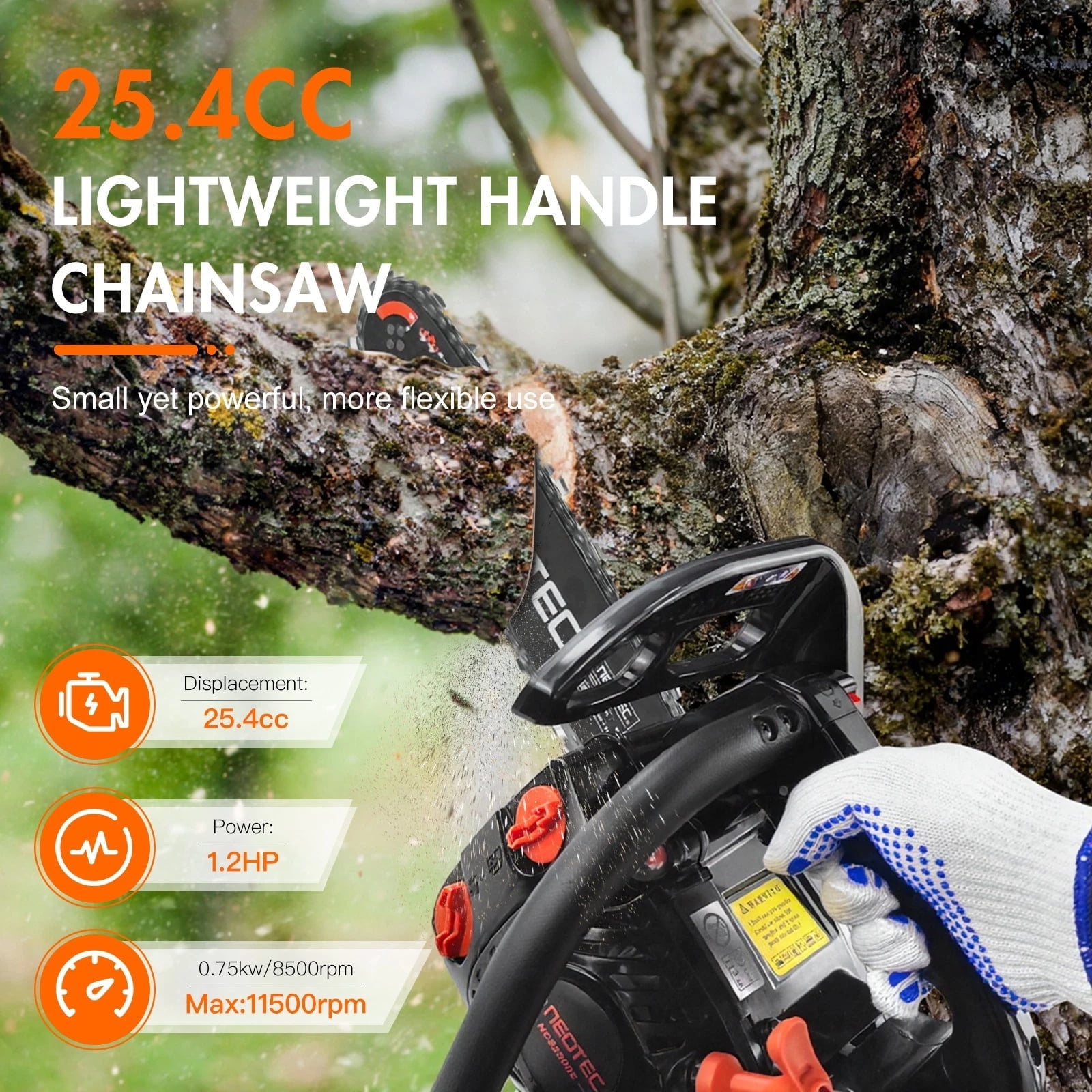 25.4CC Gas Chainsaw, 12 Inch Power Chainsaw, 2-Cycle Handed Petrol Chainsaws for Tree Cutting, Gardens and Farms