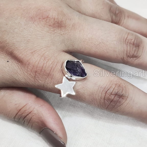 Natural Amethyst Ring, Raw Amethyst Adjustable Ring, Feb Birthstone, Star Ring, 925 Sterling Silver, Womens Ring, Christmas, Thanksgiving, Handmade, Statement Jewelry, Rough Gemstone Jewelry