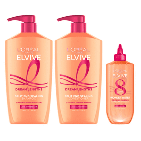 L'Oreal Paris Elvive Dream Lengths Restoring Shampoo, Detangler Conditioner, and Lamellar Rinse Out Set, 28 fl oz