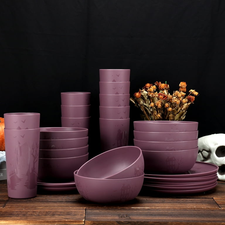 Mainstays 30-Piece Plastic Etched Haunted House Dinnerware Set, Purple