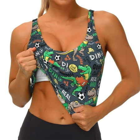 Qokaie Dinosaur Plays Soccer Pattern Womens Scoop Neck Sports Bra Breathable Workout Vest Padded U Back Medium Impact Fitness Gym Yoga Bra Workout Crop Top