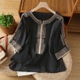 thumbnail image 2 of DeHolifer T-Shirts for Women Cotton Linen 3/4 Sleeve Embroidered Retro Printed Crewneck Casual Loose Blouse Black 2XL, 2 of 8