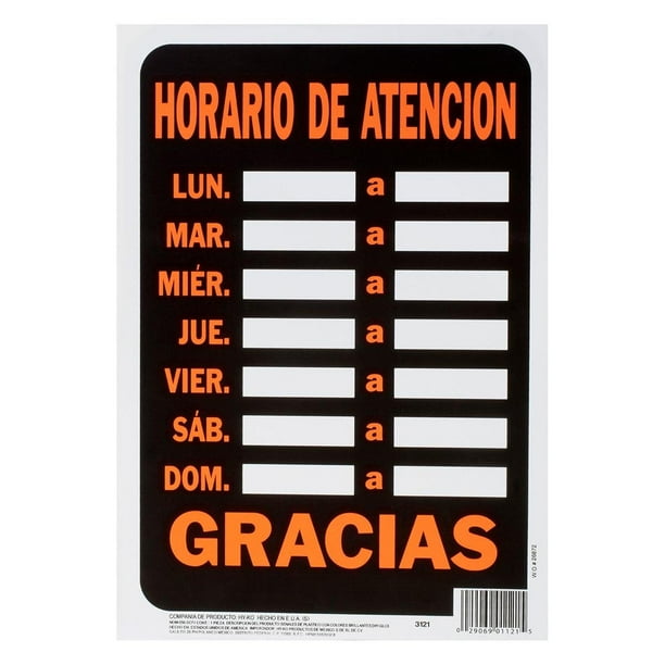 Letrero Para Pared Horario De Atención Hyko Plástico 30.6X21