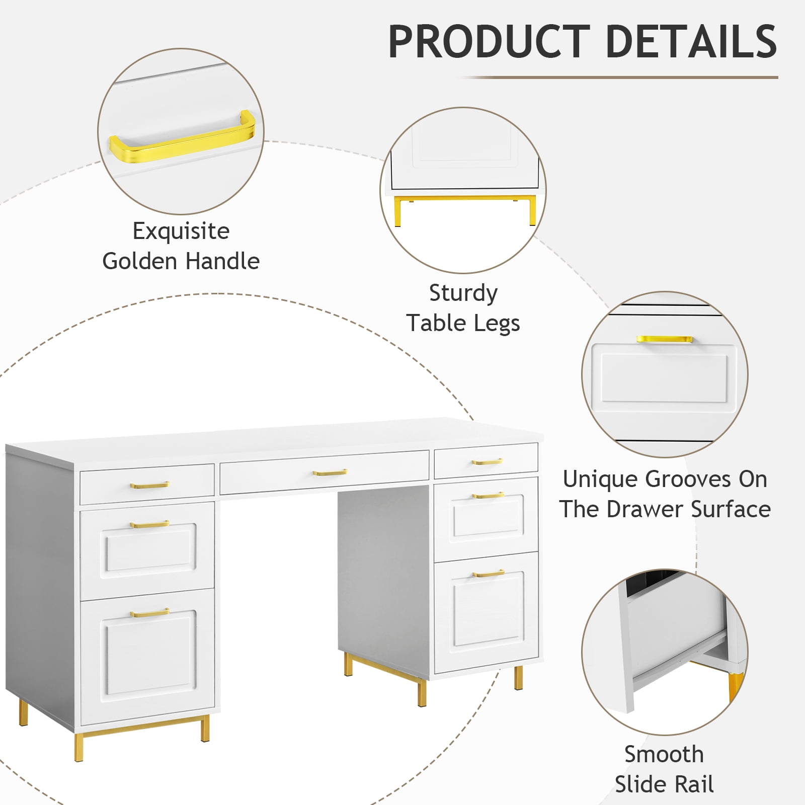 DreamCurship White Desk with 7 Drawers, White and Gold Desk with Storage,  57" Executive Desk with File Drawers, White
