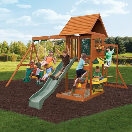 Sandy Cove Wooden Play Set with Wave Slide, Rock Wall, Convertible Activity Center, Belt Swings and more