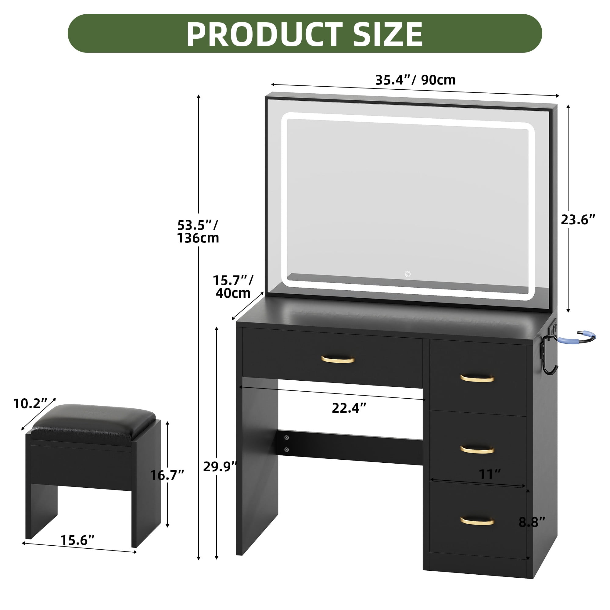 Uforic Black Makeup Vanity Desk with Lighted Mirror and Storage, 4 Drawers