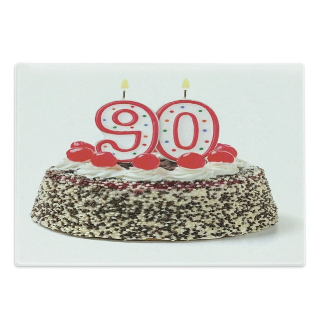 90th Birthday Cutting Board, Birthday Cake with Tasty Cherries Burning Candles and Number 90, Decorative Tempered Glass Cutting and Serving Board, Large Size, Red Brown White, by Ambesonne