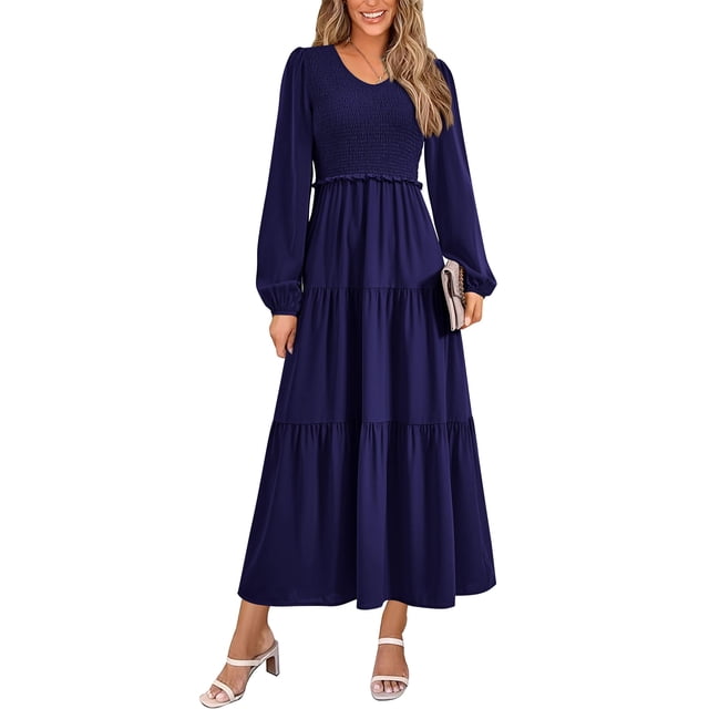 Vestido midi PRETTYGARDEN para mujer con cuello en V fruncido, azul marino