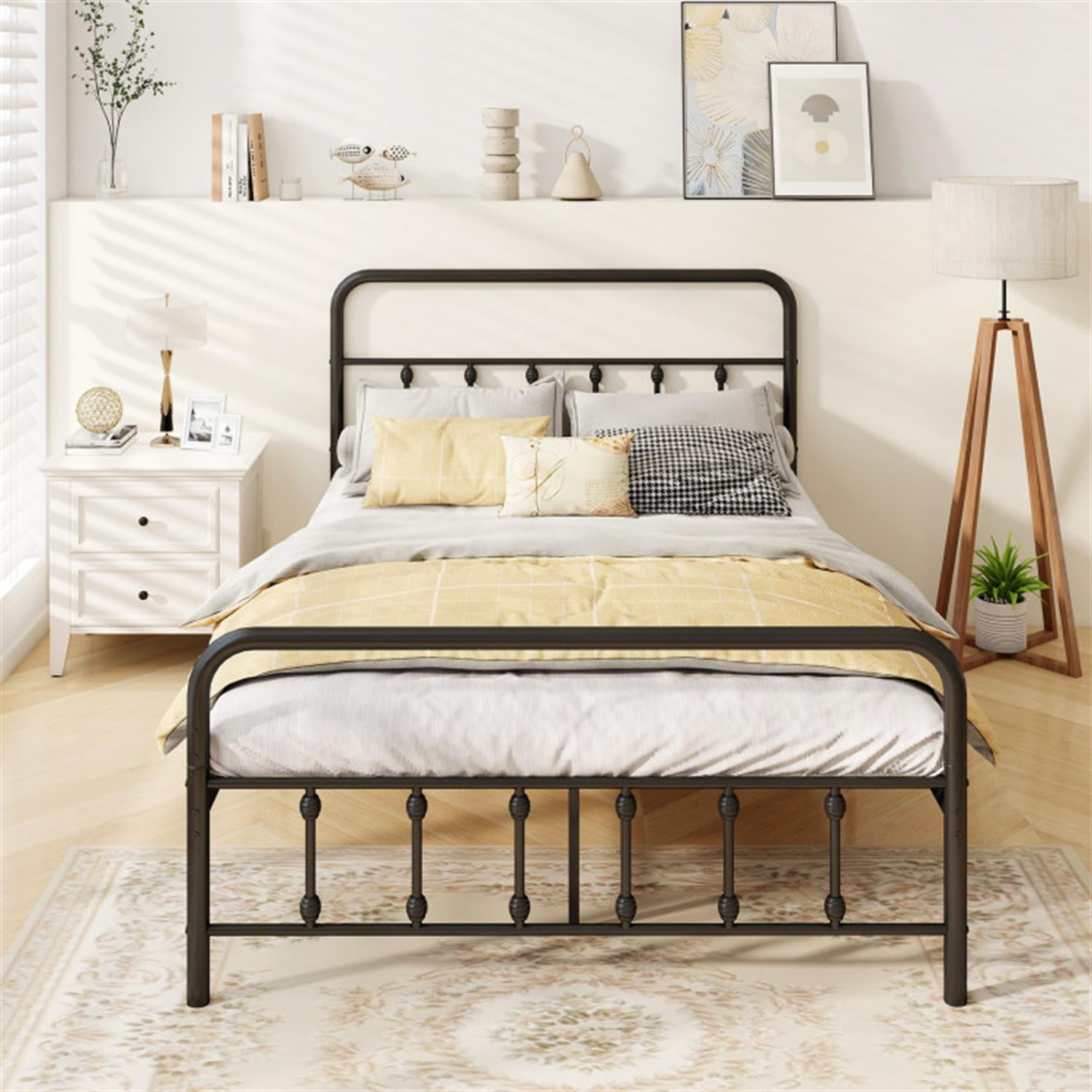 Demi Bonn Full Size Bed Frame with Headboard, Metal Platform Bed Frame with Under Bed Storage, No Box Spring Needed, Black