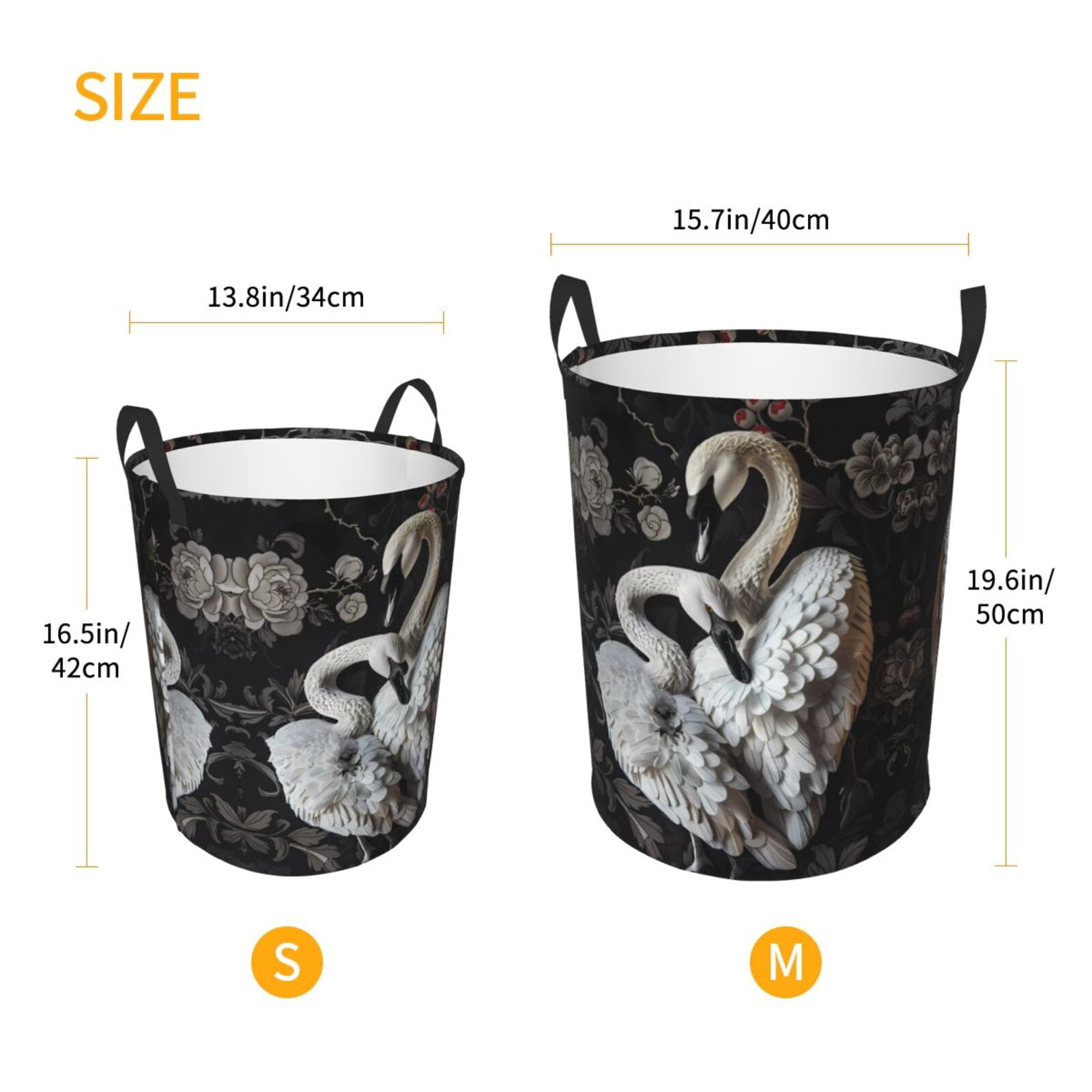 Large Laundry Basket with Handles - Elegant Swans Black Background Kids Baby Dirty Clothes Laundry Hamper for Bedroom Aesthetic