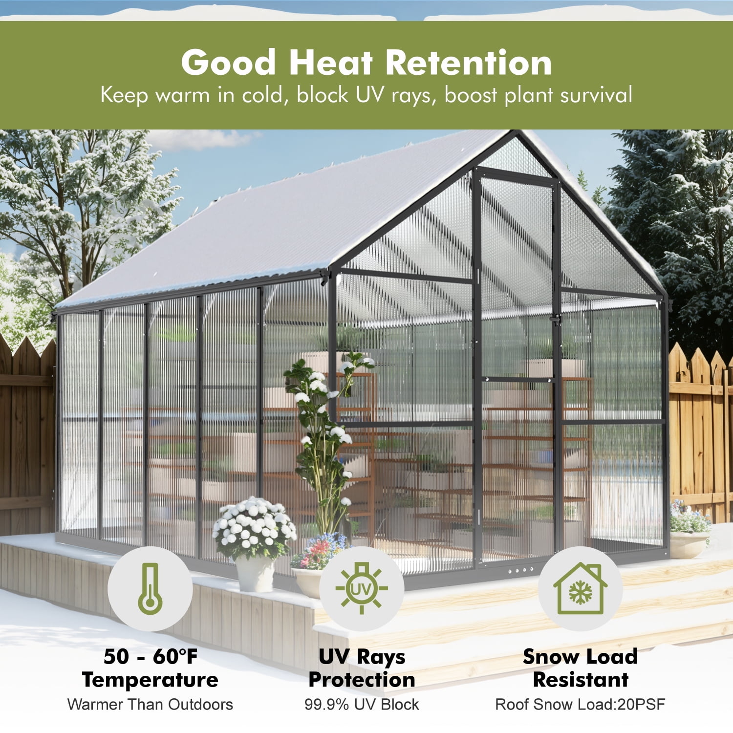 Sylviera 8x10ft Walk-in Greenhouse with Thermometer, Polycarbonate Panels, Reinforced Aluminum Frame, Large Backyard Green House with Roof Vents & Rain Gutter