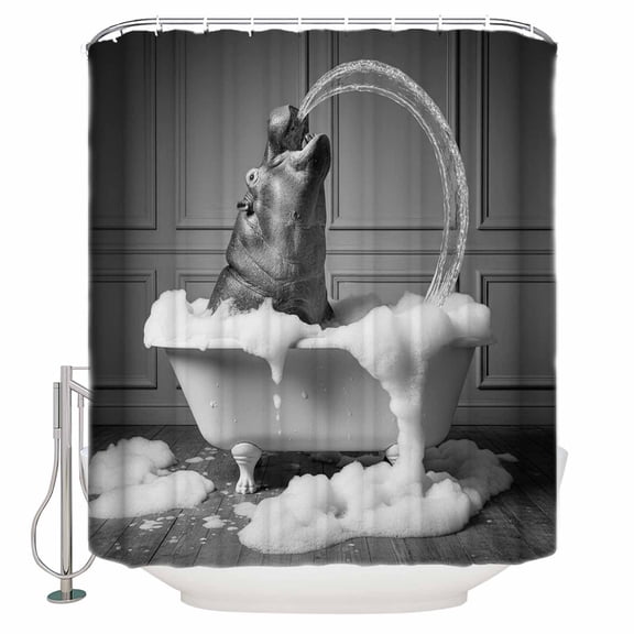 Hippo Bathroom Shower Curtains with 12 Hooks Polyester Waterproof Shower Curtain for Stalls and Bathtubs Funny Animal Bathtub Abstract Art Grey Decorative Bathroom Privacy Curtain 72x72 Inches