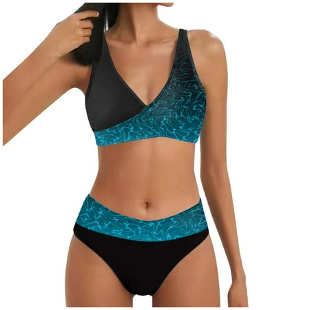 QYZEU Womens Swimsuits Tankini Clearance V Neck Swimming Bra for Women Women s Two Piece Bikini Split Print Hot Push Up Bikini Swimsuit Swimming Bra with Underwire Sky Blue S