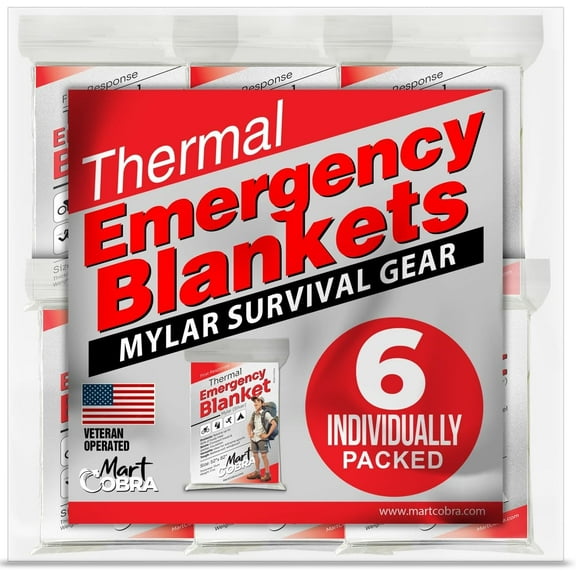Mart Cobra Emergency Blankets x6 - Mylar Thermal Space Blanket for Survival Gear, Solar Camping Shelter, Emergency Kit & Supplies - Foil Survival Blanket for Outdoors
